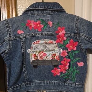 The Children's Place Blue Denim Jacket with Pink Floral Embroidered Hippie60vibe